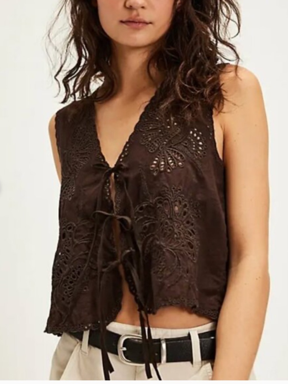 Free People Sweet Escape embroidered eyelet tie front top in brown XS
